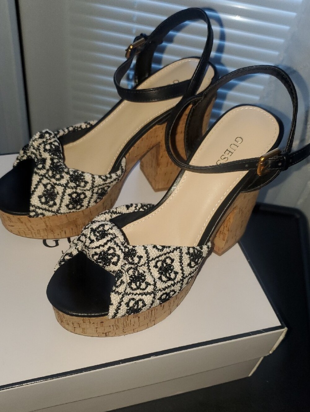 GUESS Black and Ivory Patterned Cork Platform Wedge Sandals